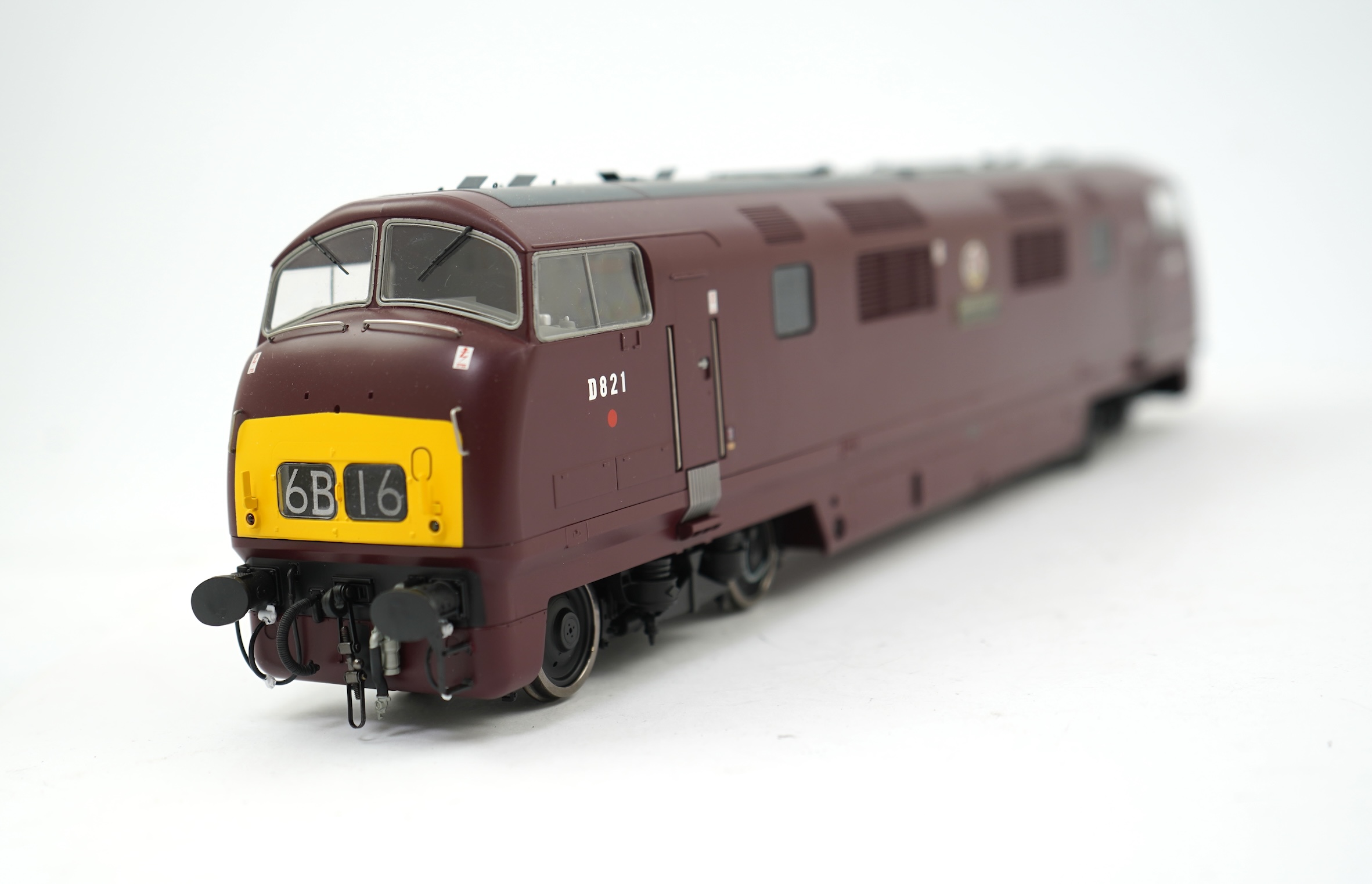An 0 Gauge Heljan model of BR Warship Class Greyhound D821 Bo-Bo diesel hydraulic locomotive, powered for two rail operation, with original box and operating leaflet.